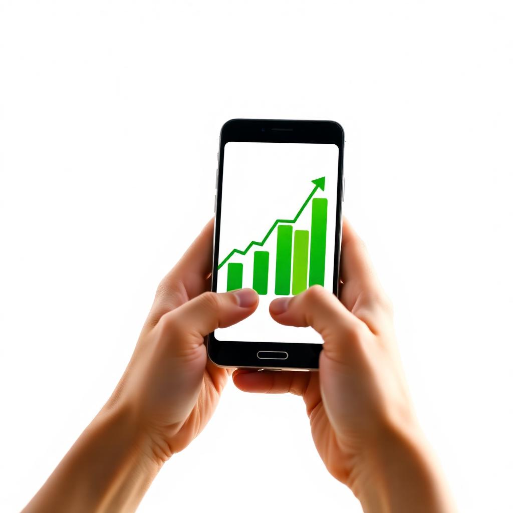 Hands holding a smartphone showing an upward green trend chart, suggesting progress.