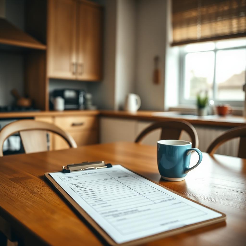A simple household budget worksheet and coffee cup on a kitchen table.