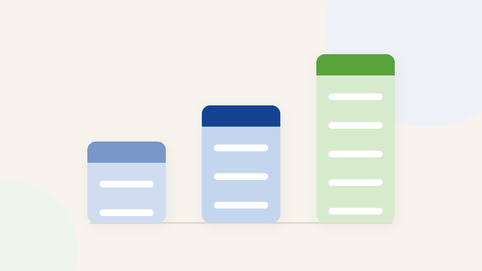 Three clean stacked columns of increasing height in blue and green, representing different balance levels